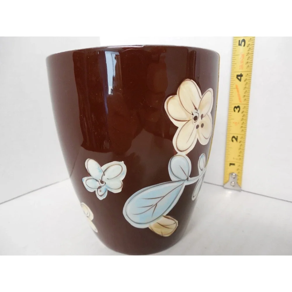 Pier 1 Cassidy Hand Painted Earthenware Mug Brown with Blue Flowers 14 oz